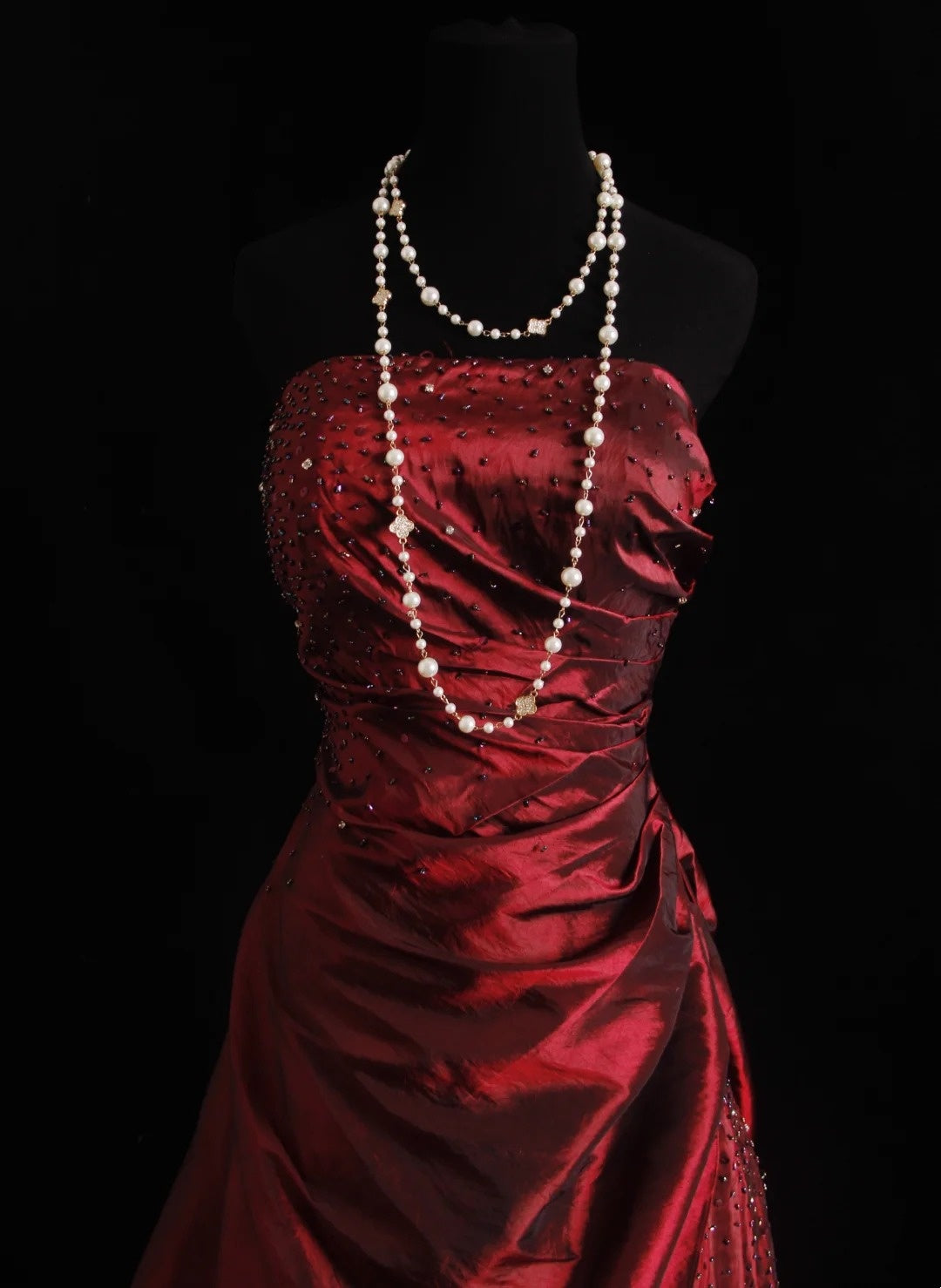 Strapless Burgundy Retro Prom Dress Taffeta Beaded Evening Dress  P1323