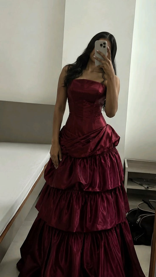 Strapless Burgundy Satin Prom Dress Layered Birthday Gown  P1547