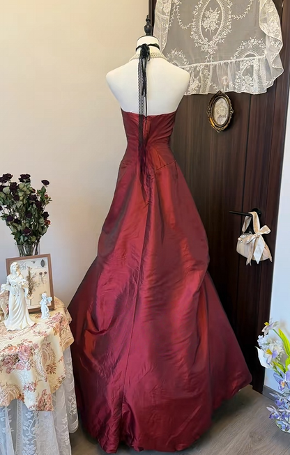 Strapless Burgundy Taffeta Retro Prom Dress  P2651