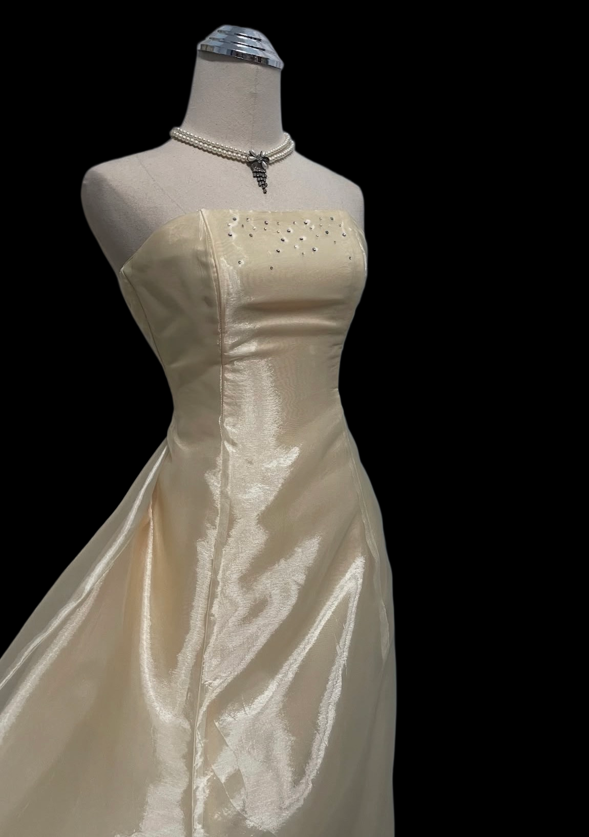 Strapless Champagne A Line Vintage Prom Dress Organza Formal Dress  P1061
