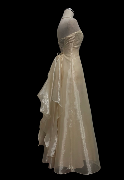 Strapless Champagne A Line Vintage Prom Dress Organza Formal Dress  P1061