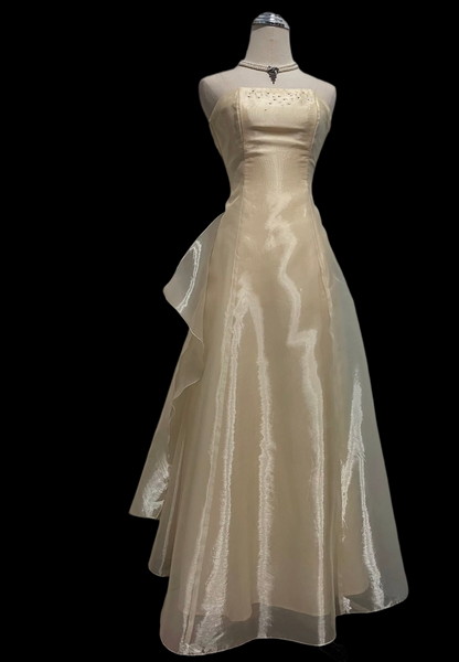Strapless Champagne A Line Vintage Prom Dress Organza Formal Dress  P1061