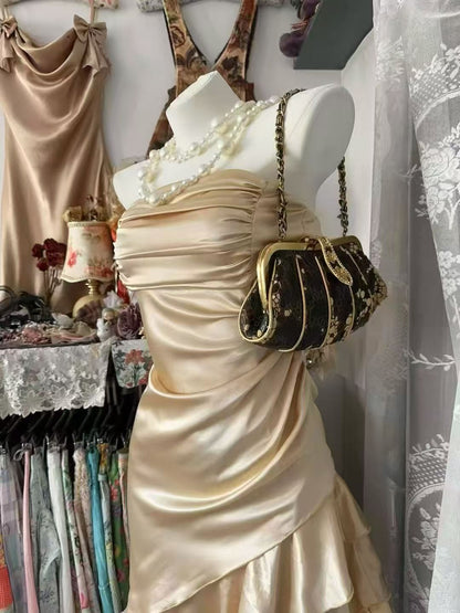 Strapless Champagne Satin Layered Ruffle Homecoming Dress  P2034
