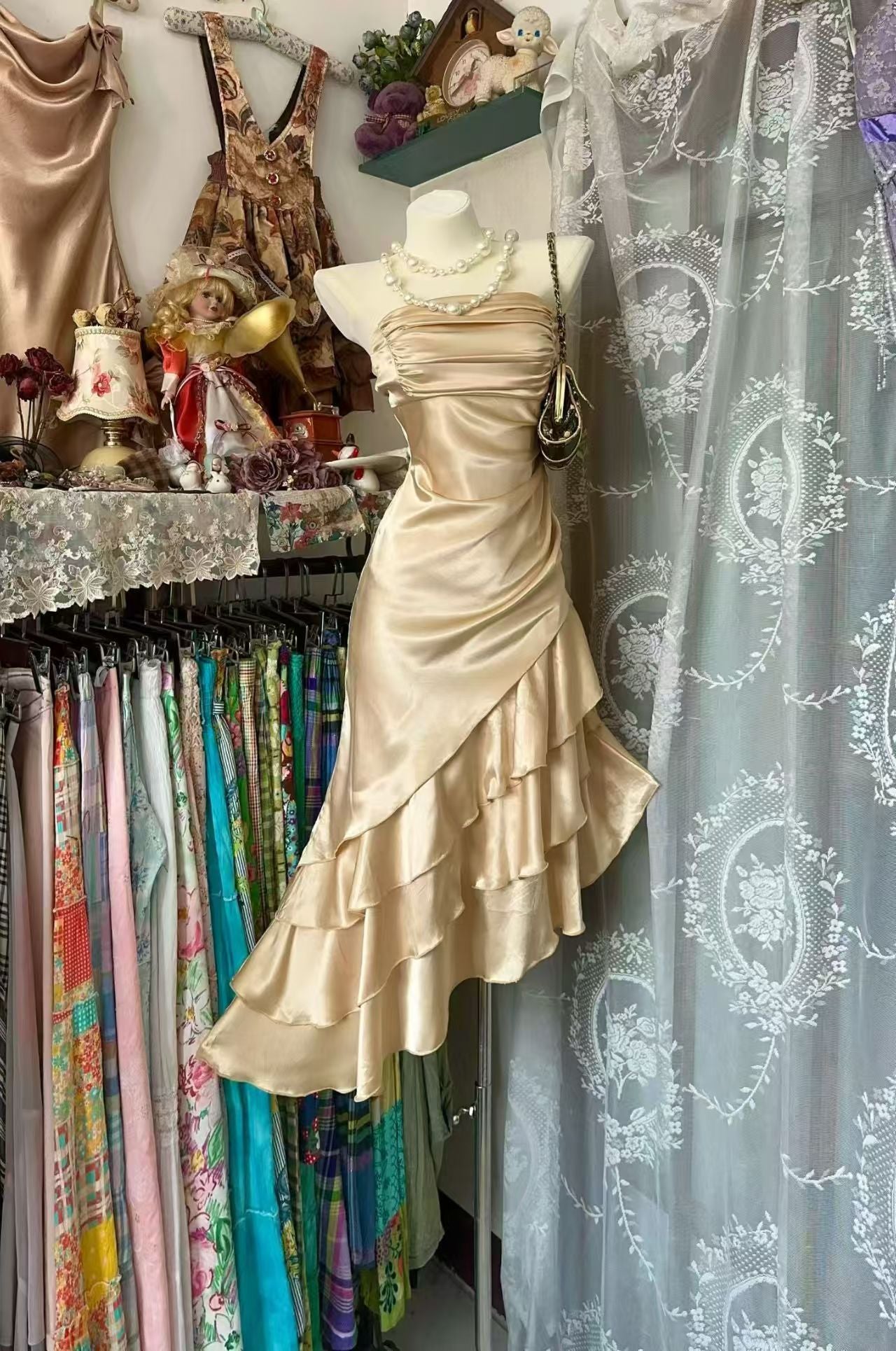 Strapless Champagne Satin Layered Ruffle Homecoming Dress  P2034