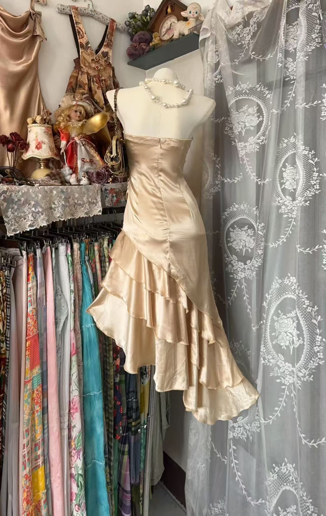 Strapless Champagne Satin Layered Ruffle Homecoming Dress  P2034