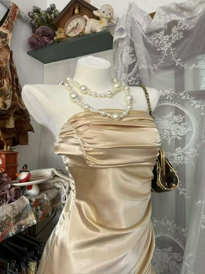 Strapless Champagne Satin Layered Ruffle Homecoming Dress  P2034