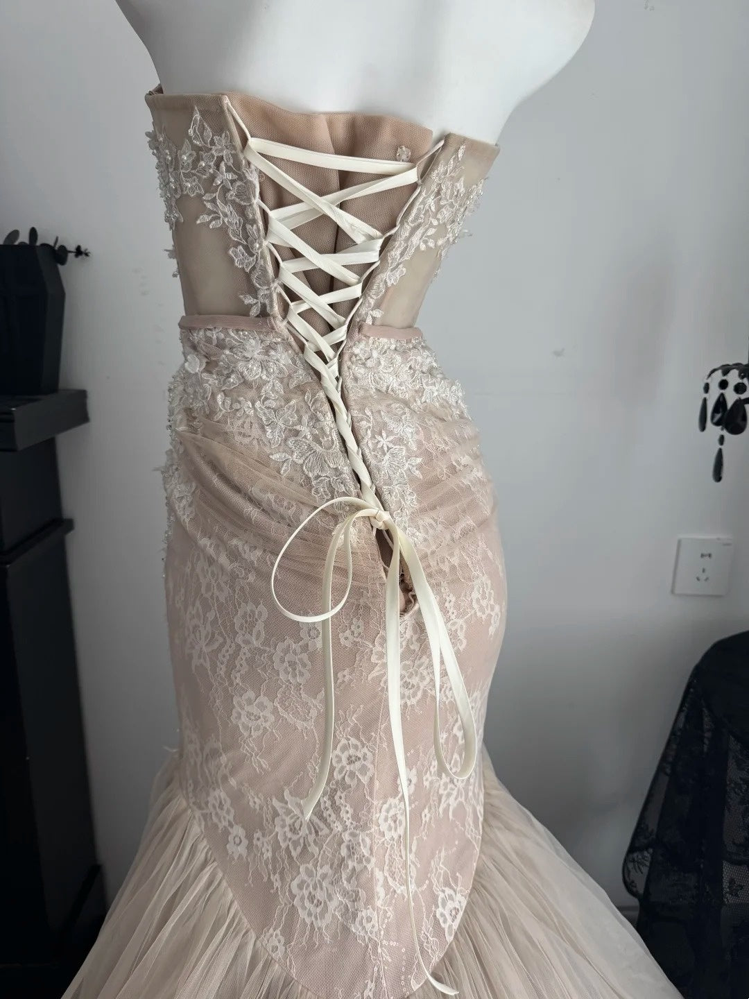 Strapless Champagne Tulle Mermaid Wedding Dress Formal Evening Gowns  P1990