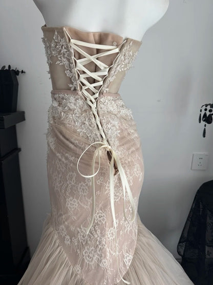 Strapless Champagne Tulle Mermaid Wedding Dress Formal Evening Gowns  P1990