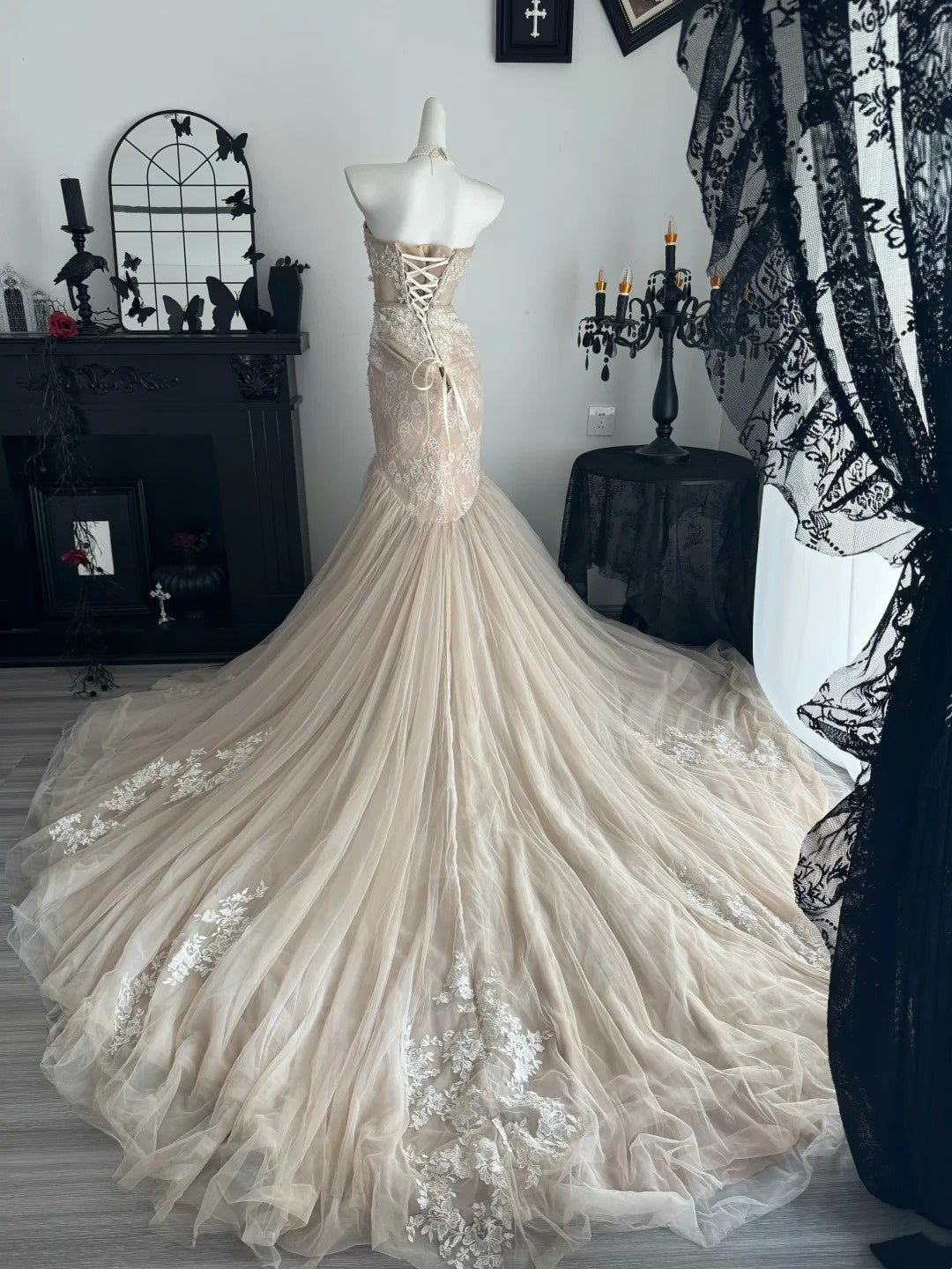 Strapless Champagne Tulle Mermaid Wedding Dress Formal Evening Gowns  P1990
