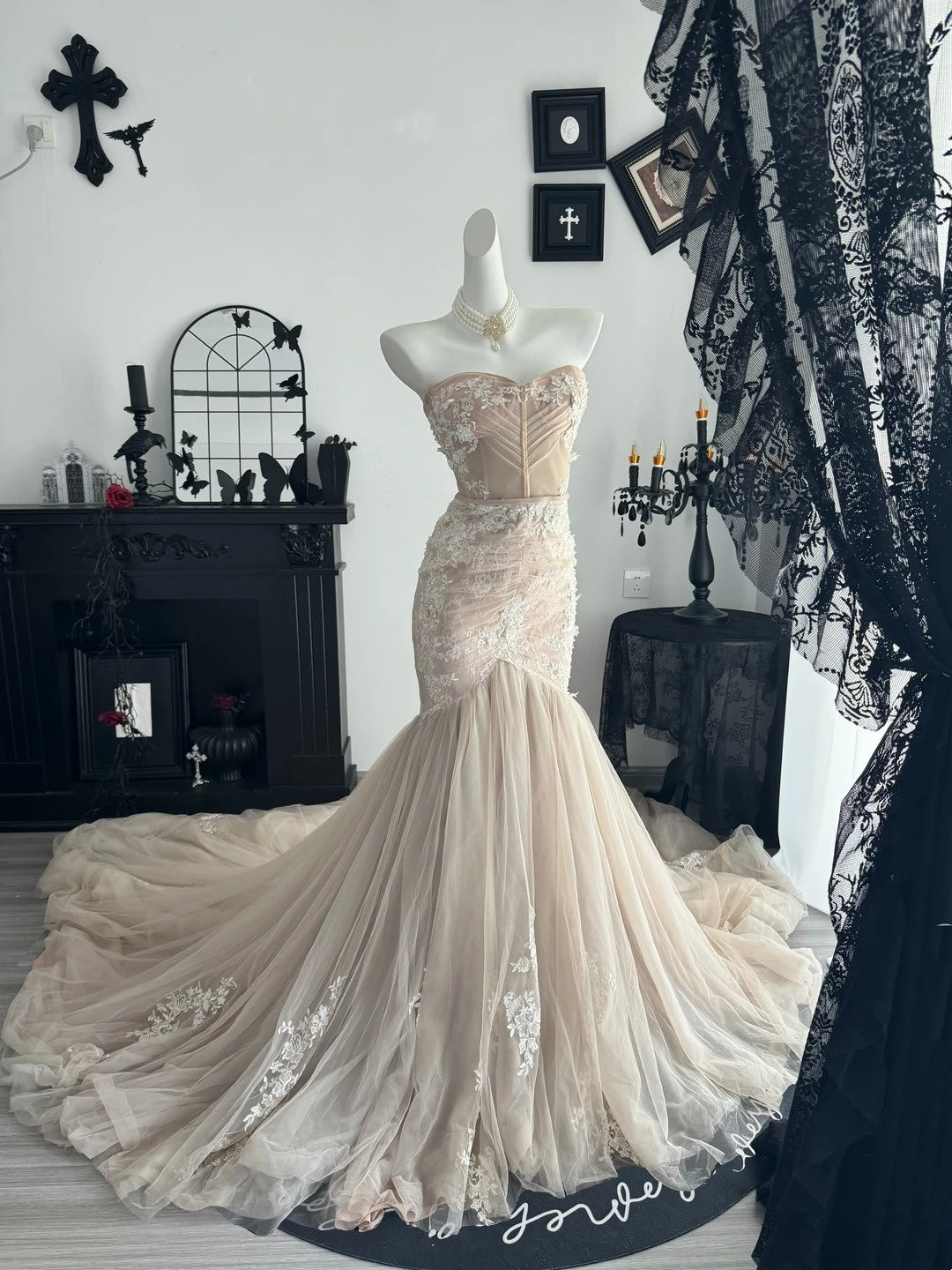 Strapless Champagne Tulle Mermaid Wedding Dress Formal Evening Gowns  P1990