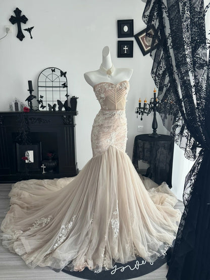 Strapless Champagne Tulle Mermaid Wedding Dress Formal Evening Gowns  P1990
