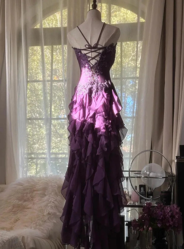 Strapless Chiffon Applique Long Prom Dresses Backless Party Dresses  P892