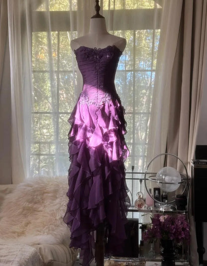 Strapless Chiffon Applique Long Prom Dresses Backless Party Dresses  P892