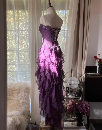 Strapless Chiffon Applique Long Prom Dresses Backless Party Dresses  P892