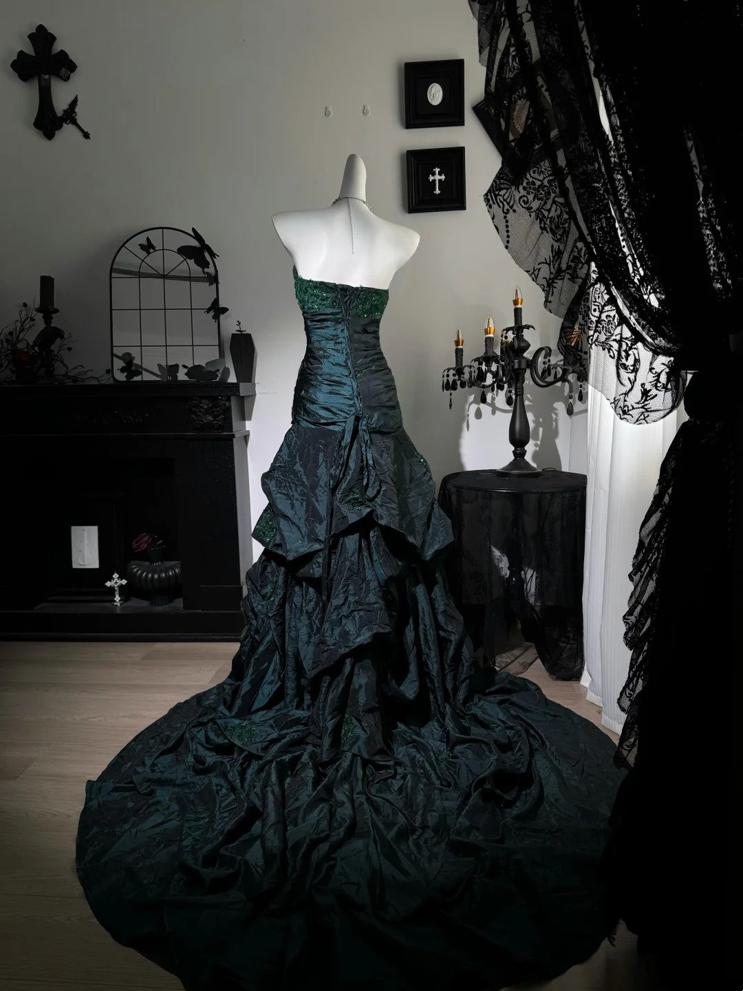Strapless Dark Green Mermaid Prom Dress Taffeta Birthday Gown  P1795