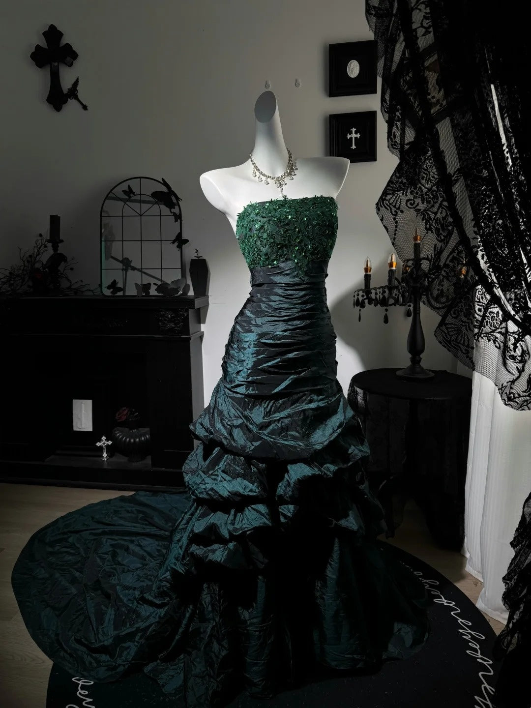 Strapless Dark Green Mermaid Prom Dress Taffeta Birthday Gown  P1795