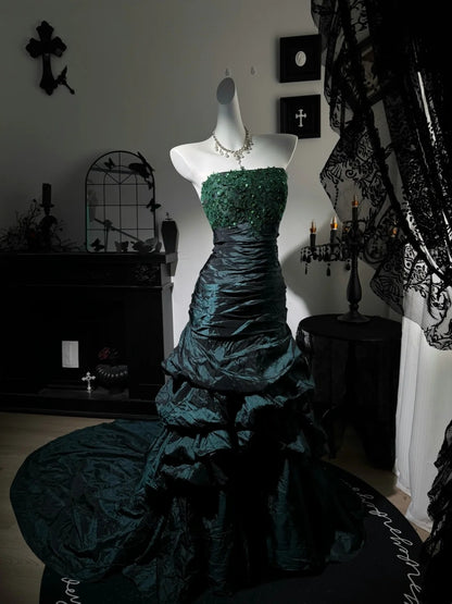 Strapless Dark Green Mermaid Prom Dress Taffeta Birthday Gown  P1795