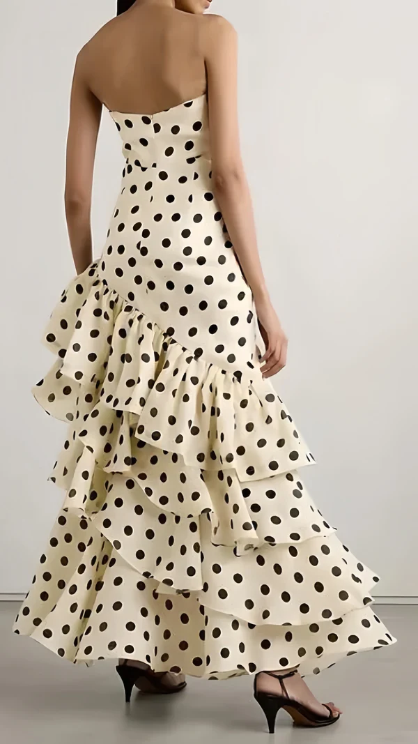 Strapless Dots Long Prom Dresses Ruffle Formal Party Dress P876