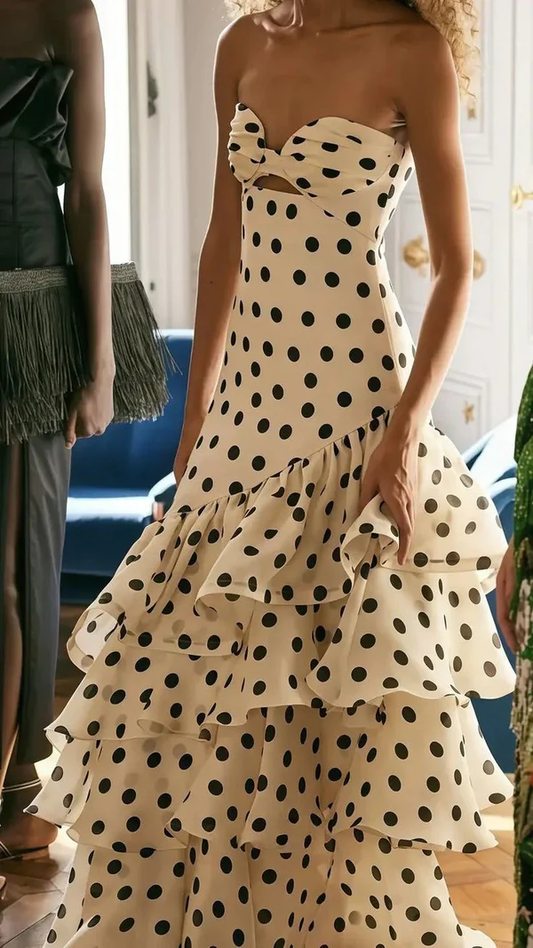 Strapless Dots Long Prom Dresses Ruffle Formal Party Dress P876