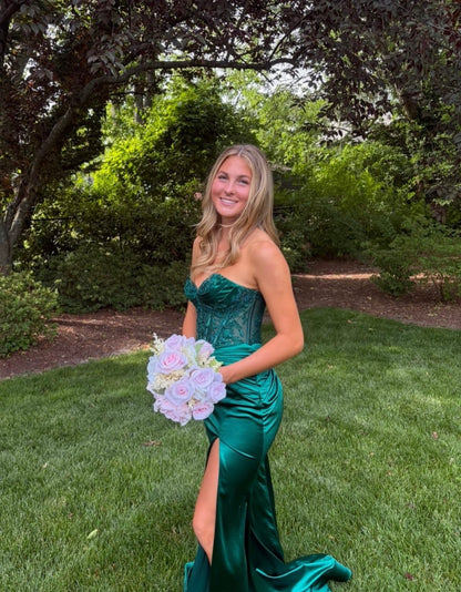 Strapless Emerald Green Mermaid Prom Dress With Appliques  P1587