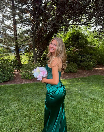 Strapless Emerald Green Mermaid Prom Dress With Appliques  P1587