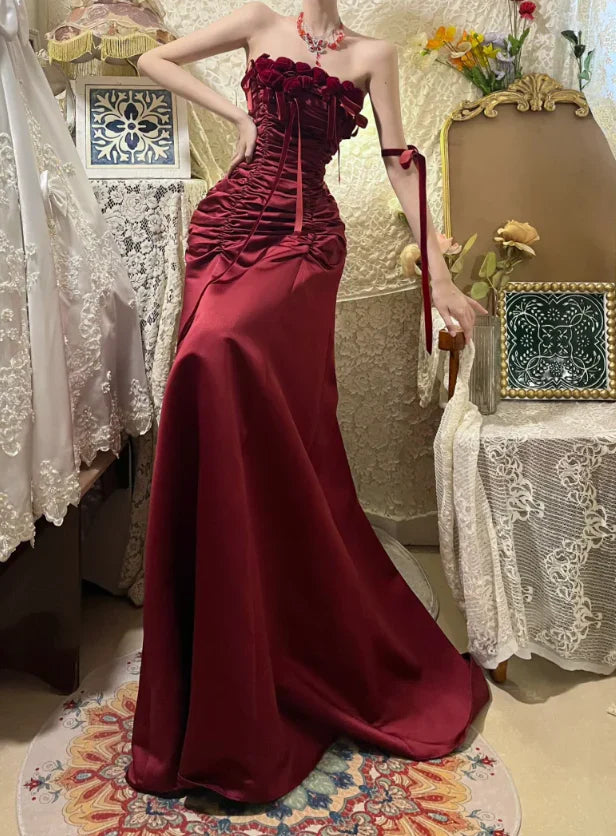 Strapless Floral Burgundy Long Prom Dress Satin A Line Formal Dress   P741