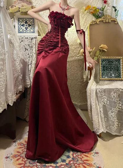 Strapless Floral Burgundy Long Prom Dress Satin A Line Formal Dress   P741