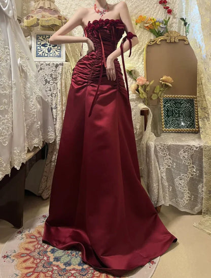 Strapless Floral Burgundy Long Prom Dress Satin A Line Formal Dress   P741