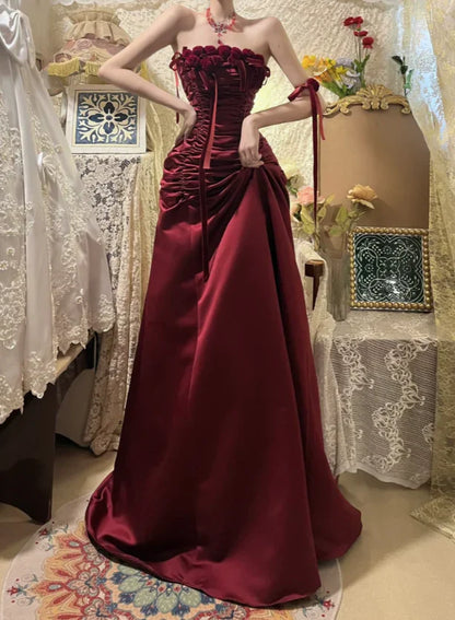 Strapless Floral Burgundy Long Prom Dress Satin A Line Formal Dress   P741