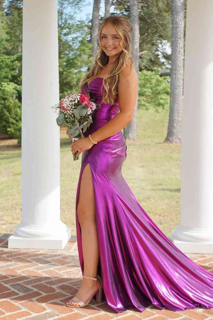 Strapless Fuchsia Mermaid Formal Long Dress With Slit  P2477