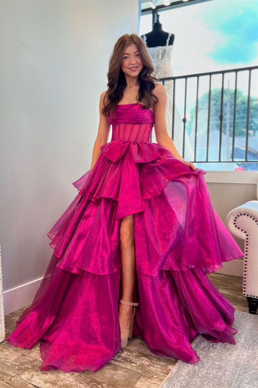 Strapless Fuchsia Tiered A Line Long Prom Dress With Bow  P907