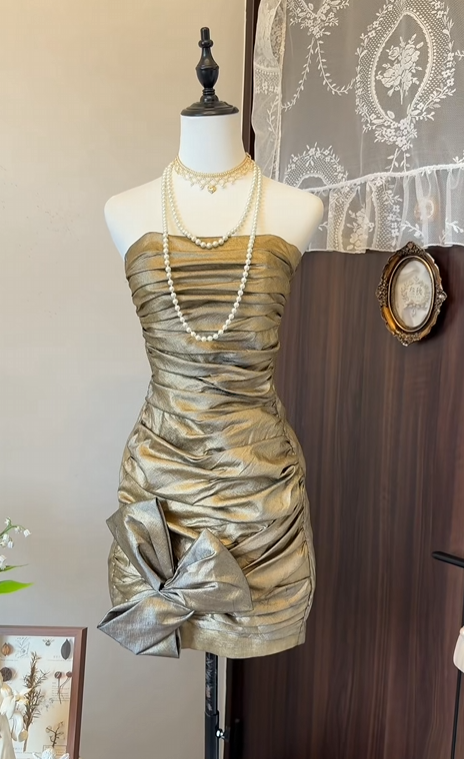 Strapless Gold Sheath Homecoming Dress Short Birthday Dress  P1954