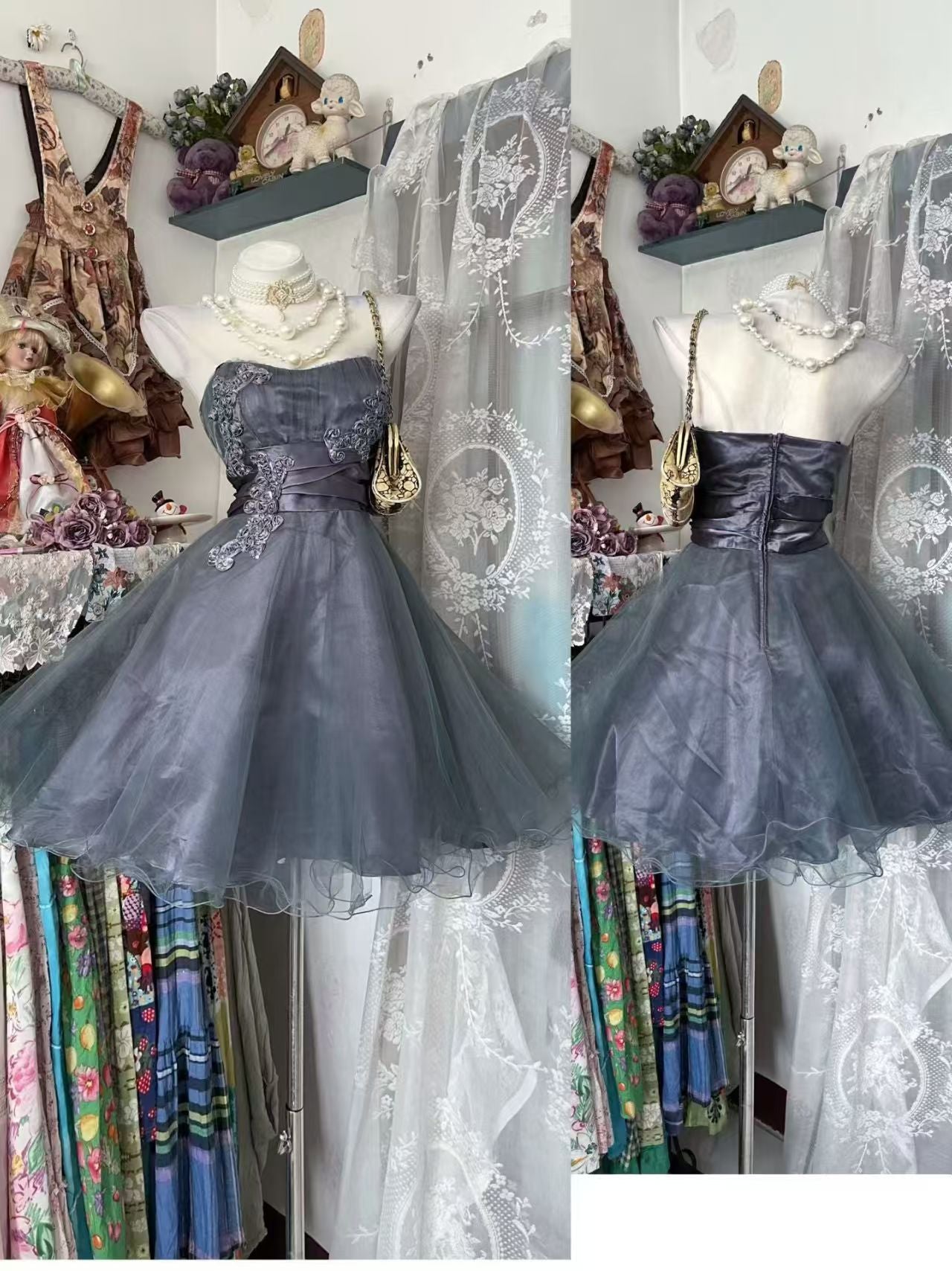 Strapless Gray A Line Short Homecoming Dress Organza Birthday Dress  P1843