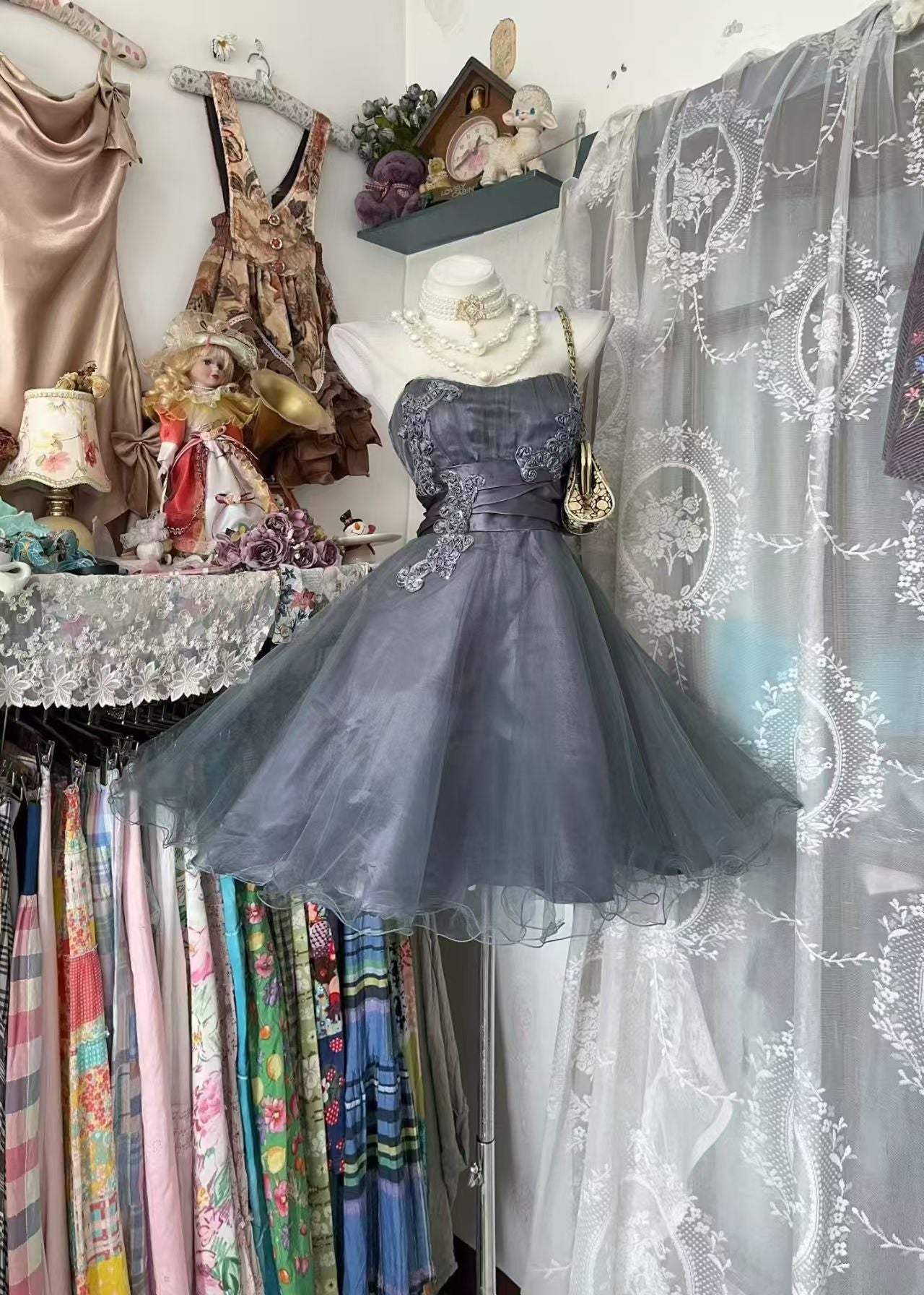 Strapless Gray A Line Short Homecoming Dress Organza Birthday Dress  P1843