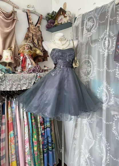 Strapless Gray A Line Short Homecoming Dress Organza Birthday Dress  P1843