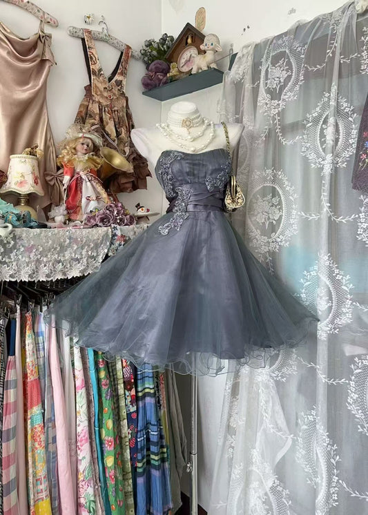 Strapless Gray A Line Short Homecoming Dress Organza Birthday Dress  P1843