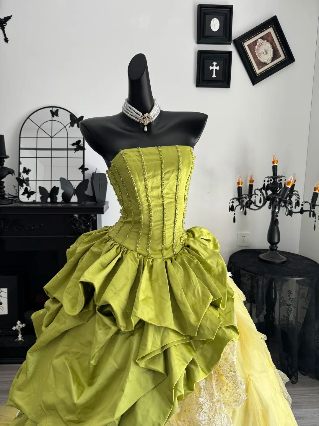 Strapless Green Bow Gown Birthday Dress Layered Quinceanera Dresses  P2654