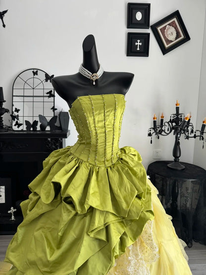 Strapless Green Bow Gown Birthday Dress Layered Quinceanera Dresses  P2654