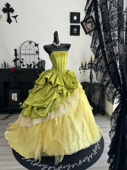 Strapless Green Bow Gown Birthday Dress Layered Quinceanera Dresses  P2654