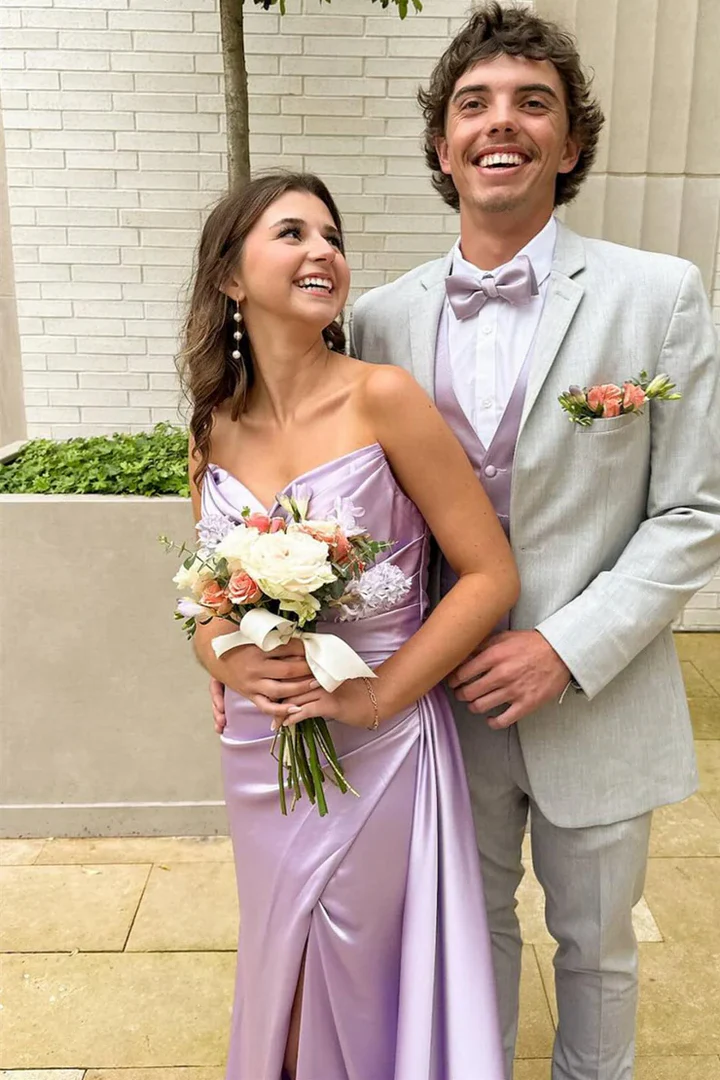 Strapless High Slit Satin Lilac Prom Dress With Train  P846