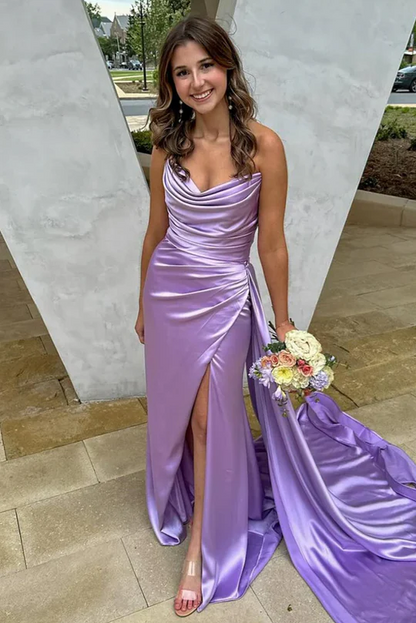 Strapless High Slit Satin Lilac Prom Dress With Train  P846