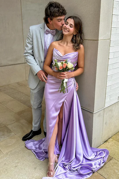 Strapless High Slit Satin Lilac Prom Dress With Train  P846