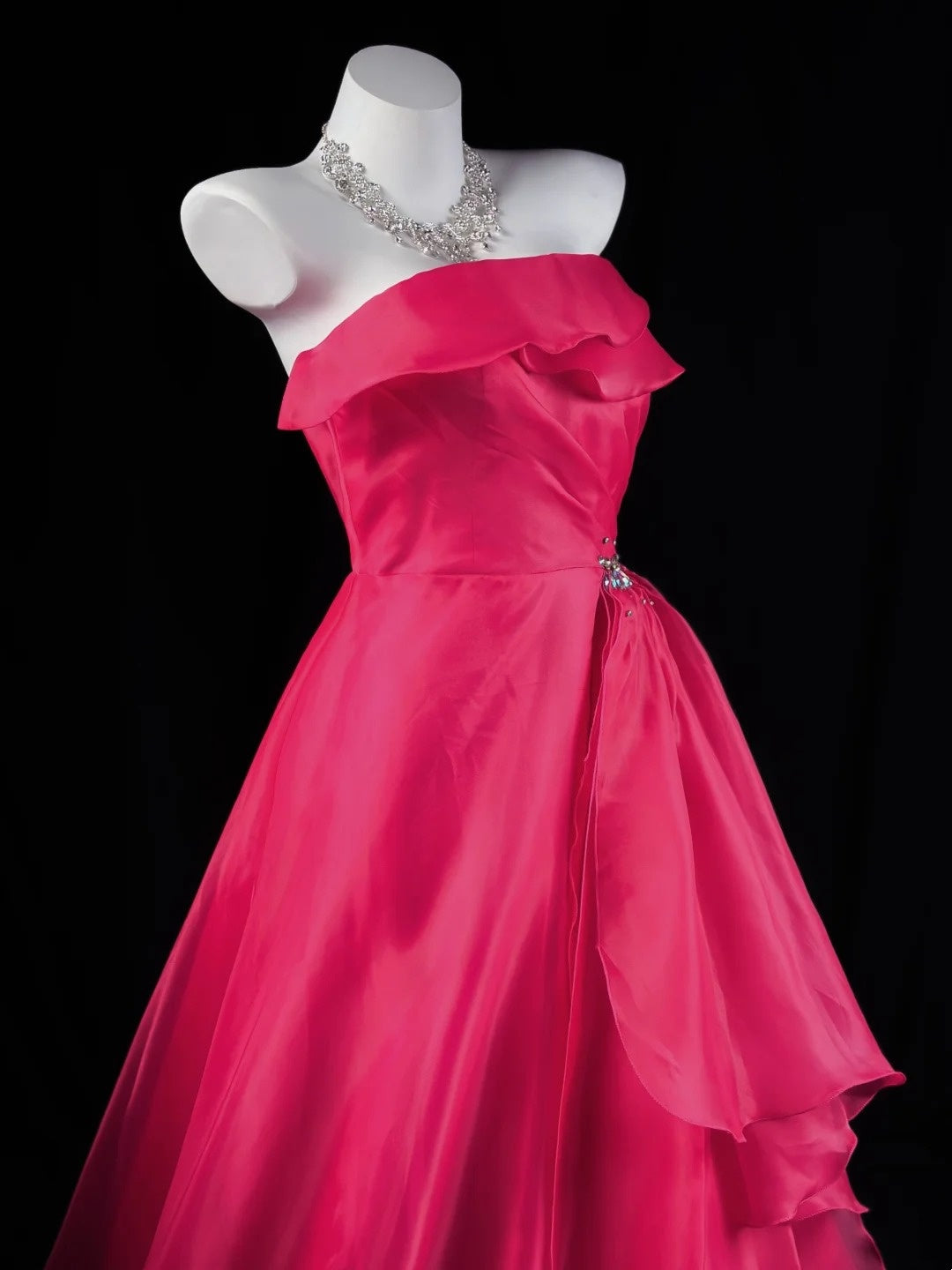 Strapless Hot Pink A Line Prom Dress Organza Formal Evening Dress  P1296
