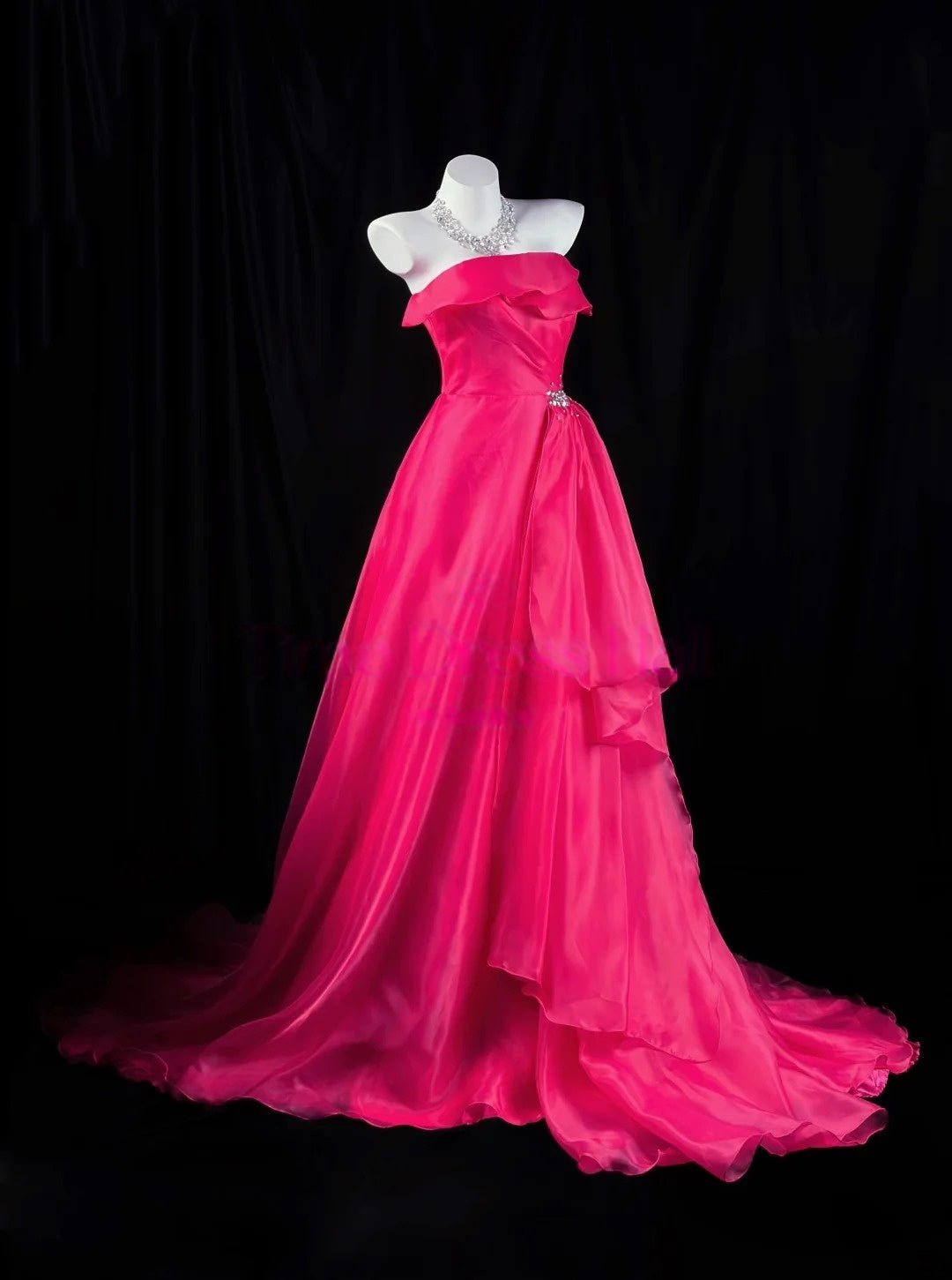 Strapless Hot Pink A Line Prom Dress Organza Formal Evening Dress  P1296