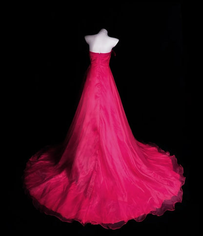 Strapless Hot Pink A Line Prom Dress Organza Formal Evening Dress  P1296