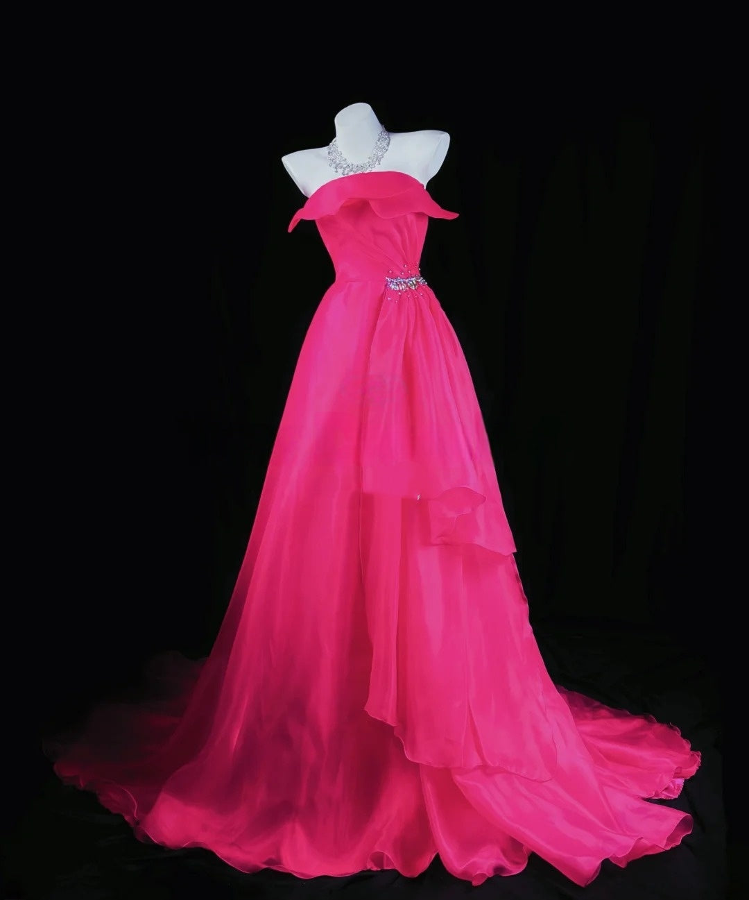 Strapless Hot Pink A Line Prom Dress Organza Formal Evening Dress  P1296