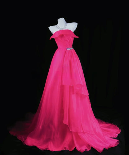 Strapless Hot Pink A Line Prom Dress Organza Formal Evening Dress  P1296