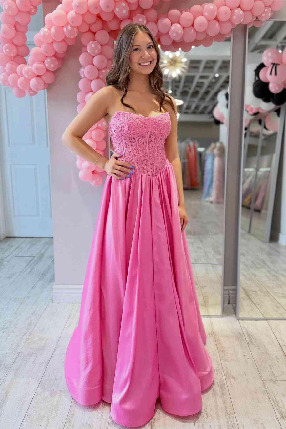Strapless Hot Pink Appliques A-Line Long Prom Dress  P2479