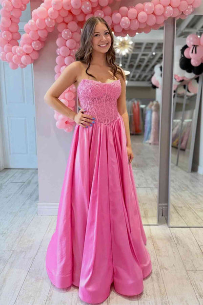 Strapless Hot Pink Appliques A-Line Long Prom Dress  P2479