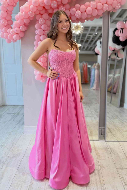 Strapless Hot Pink Appliques A-Line Long Prom Dress  P2479